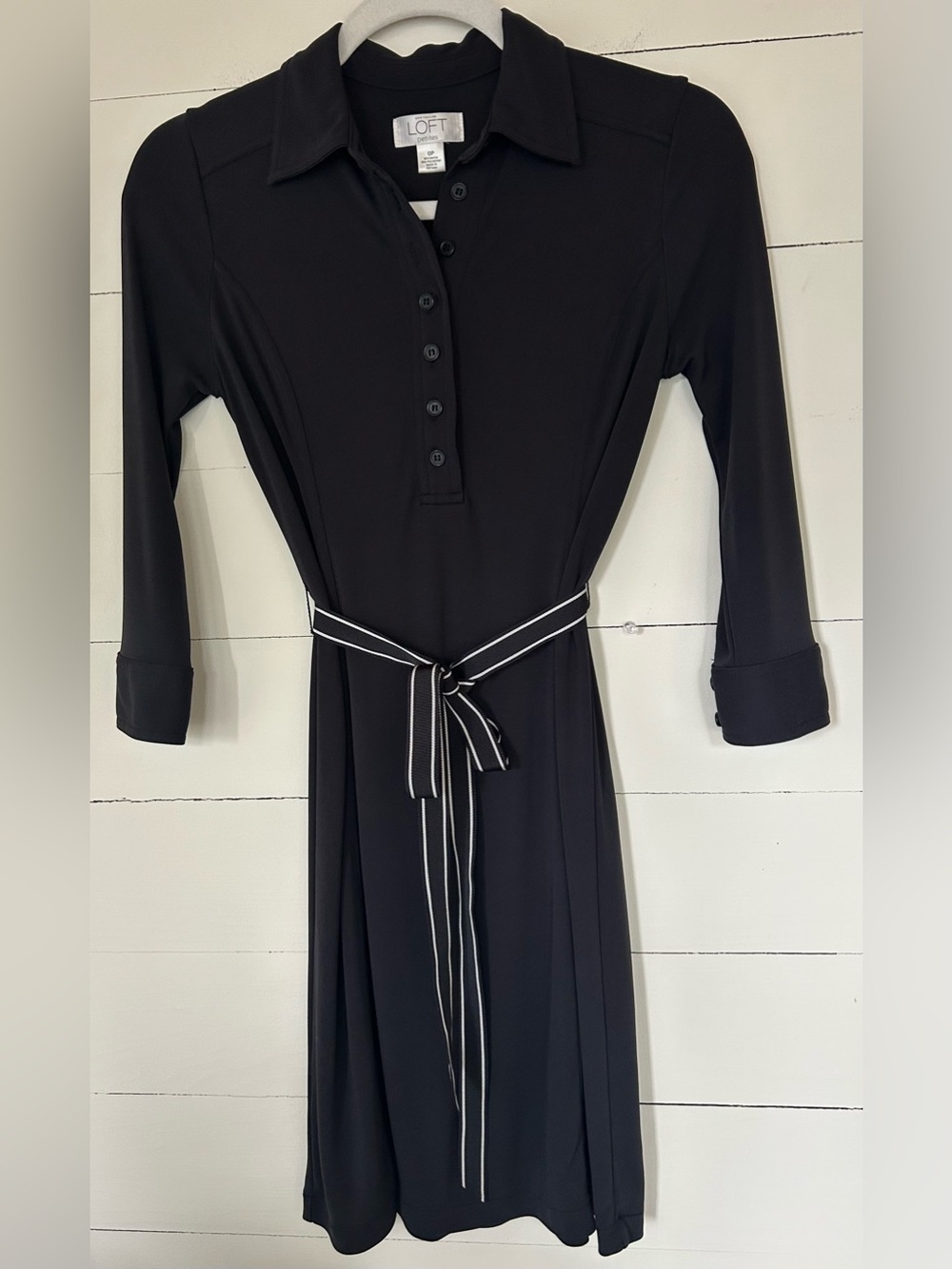 LOFT Black Long-Sleeve Shirt Dress with Striped Belt, Size 0P